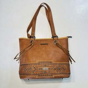 Montana West Tote Brown Leather Studded / Fringe Lots Of Pockets Western